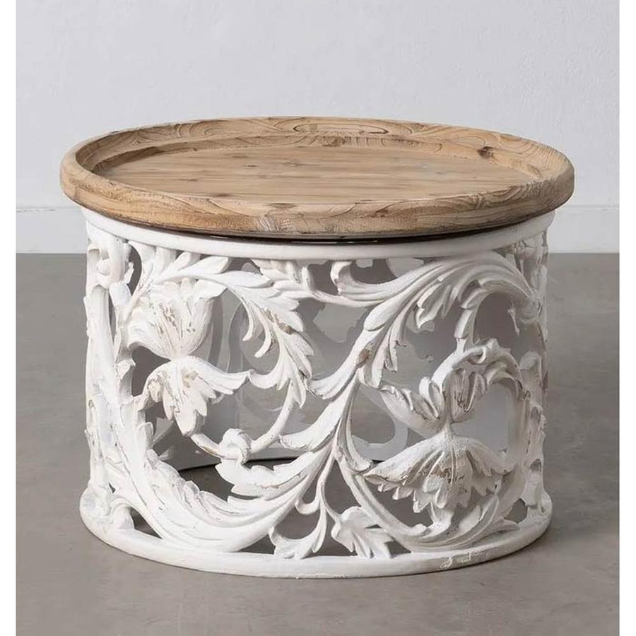 Shabby Chic stílusú, kör alakú, kézműves fenyőfa dohányzóasztal