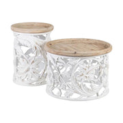 Shabby Chic stílusú, kör alakú, kézműves fenyőfa dohányzóasztal