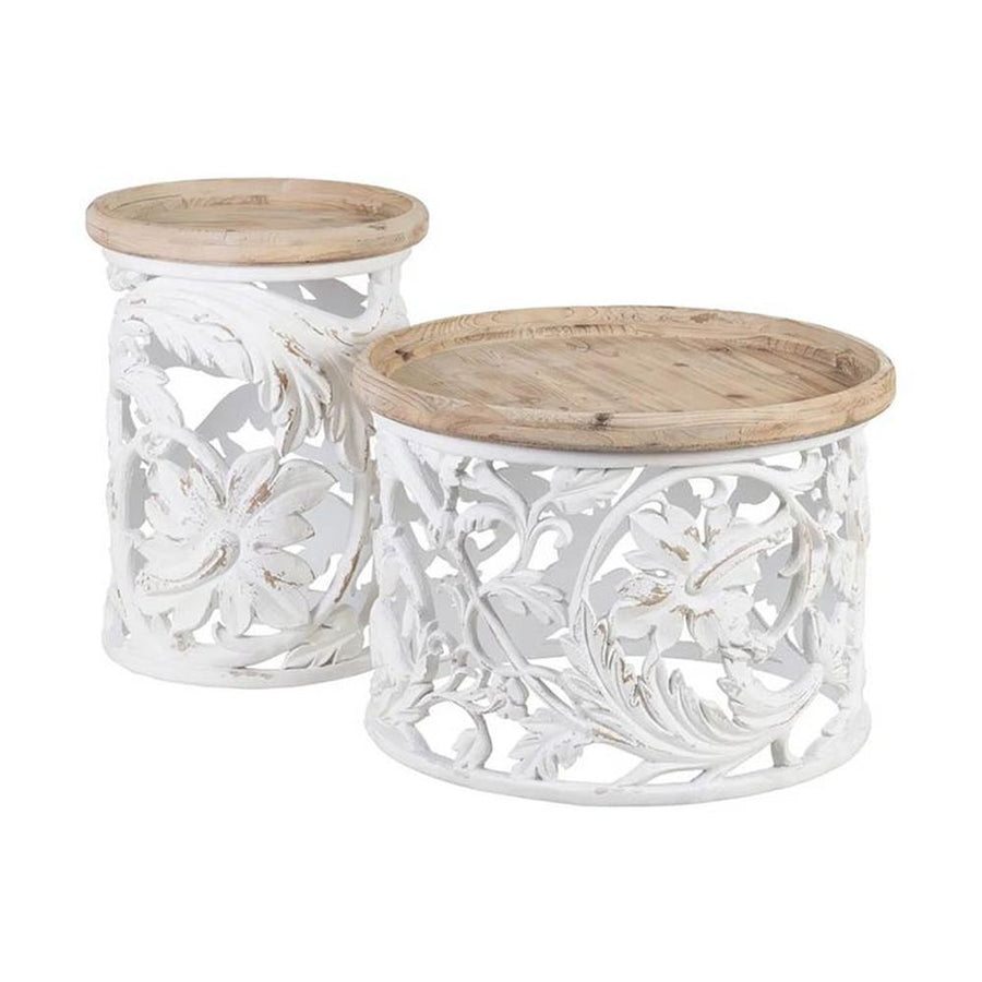 Shabby Chic stílusú, kör alakú, kézműves fenyőfa dohányzóasztal