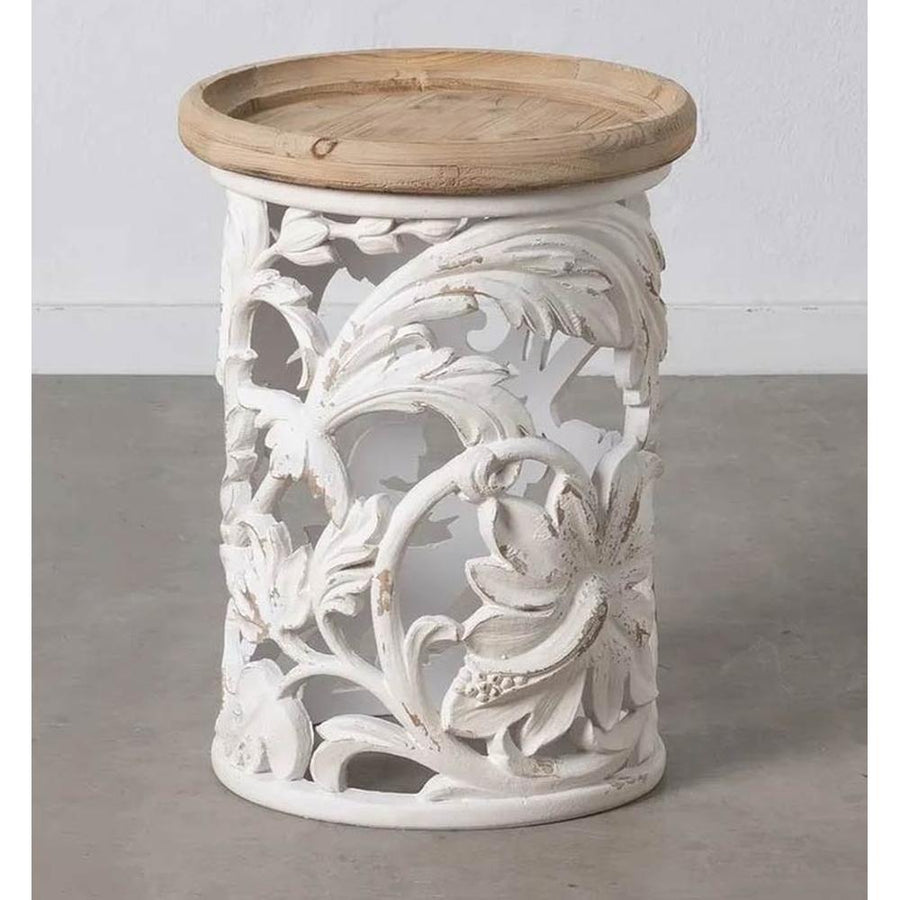 Shabby Chic stílusú, kör alakú, kézműves fenyőfa kisasztal