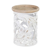 Shabby Chic stílusú, kör alakú, kézműves fenyőfa kisasztal