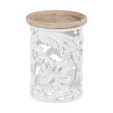 Shabby Chic stílusú, kör alakú, kézműves fenyőfa kisasztal