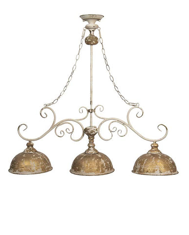 Shabby Chic stílusú, krémszínű, antikolt felületű függeszték, három darab antik arany színű patinás lámpabúrával