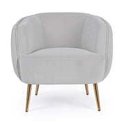 Skandináv stílusú, halványszürke színű bársonnyal kárpitozott fotel, arany színű fém lábakkal.
