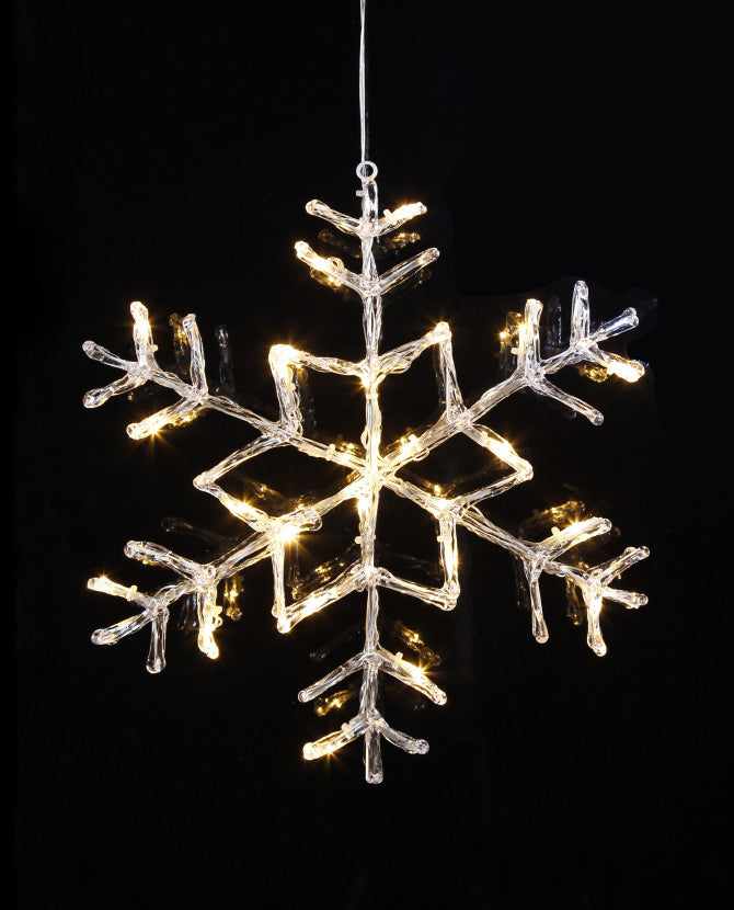 Függeszthető, 24 db LED világítással felszerelt, világító karácsonyi jeges hópehely dekoráció