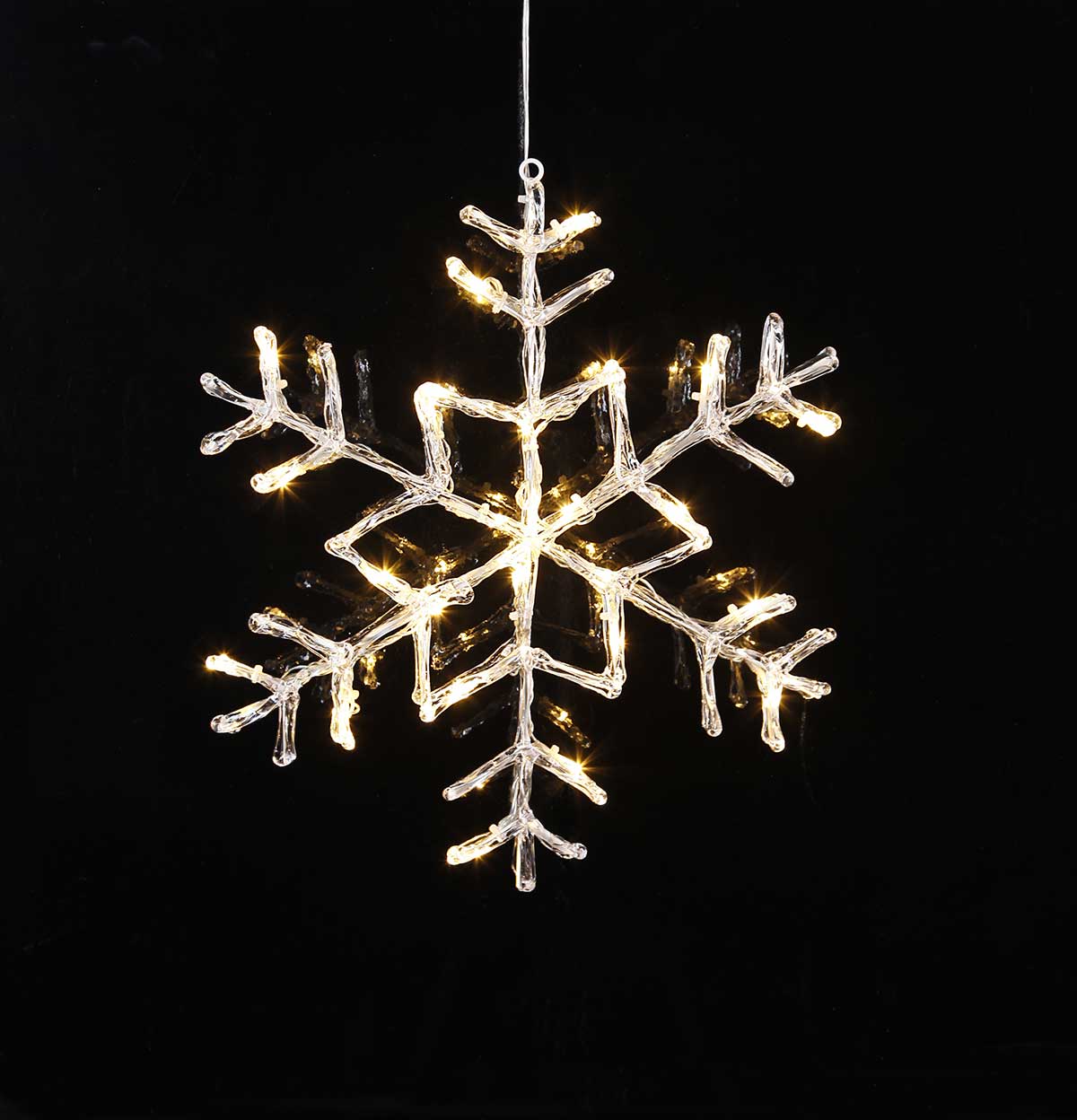 Függeszthető, 24 db LED világítással felszerelt, világító karácsonyi jeges hópehely dekoráció