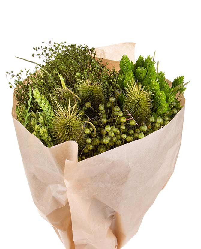 Natúr színű papírba csomagolt, 30 cm átmérőjű és 50 cm magas, vegyes kialakítású zöld színű szárított gyógynövénycsokor