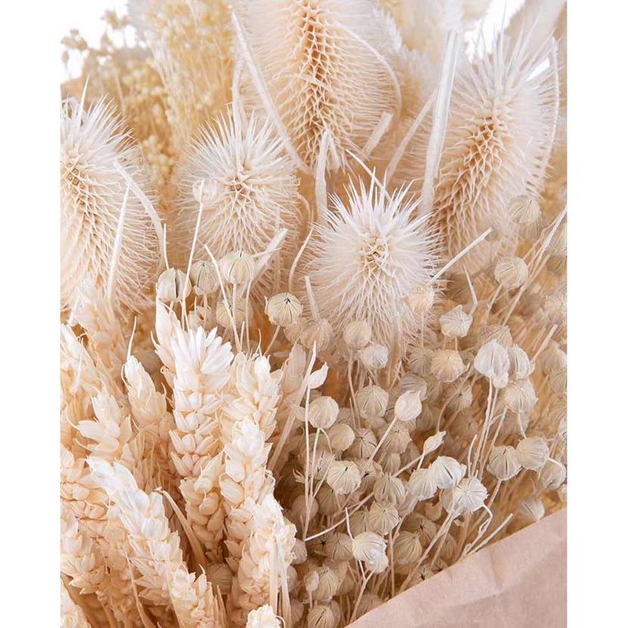 Natúr színű papírba csomagolt, 30 cm átmérőjű és 50 cm magas, vegyes kialakítású fehérített színű szárított gyógynövénycsokor