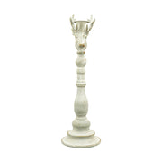 Vintage stílusú, rusztikus patinás felületű, antik fehér színű, szarvasfejjel díszített fém gyertyatartó.