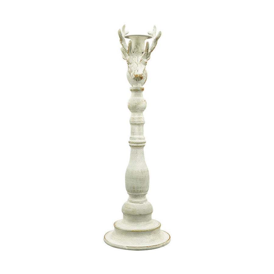 Vintage stílusú, rusztikus patinás felületű, antik fehér színű, szarvasfejjel díszített fém gyertyatartó.