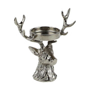 Glamour stílusú, 21 cm magas, ezüst színű karácsonyi szarvasfejes gyertyatartó
