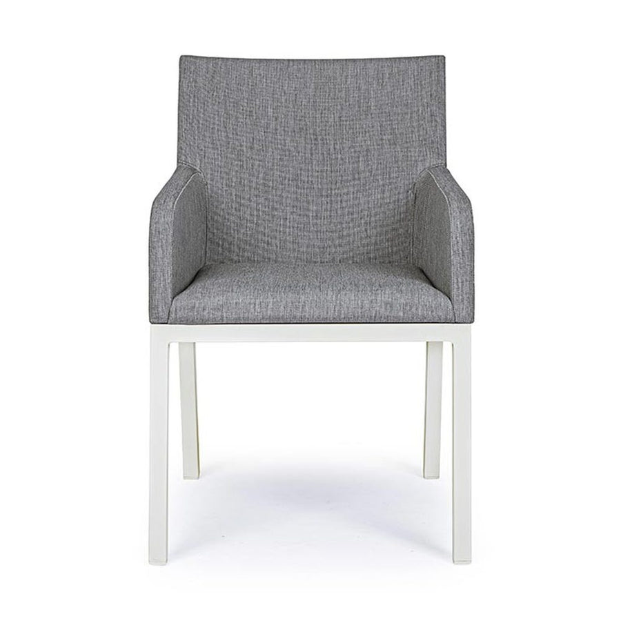 Modern kortárs stílusú, szürke színű, időjárás álló szövettel kárpitozott kerti karosszék.