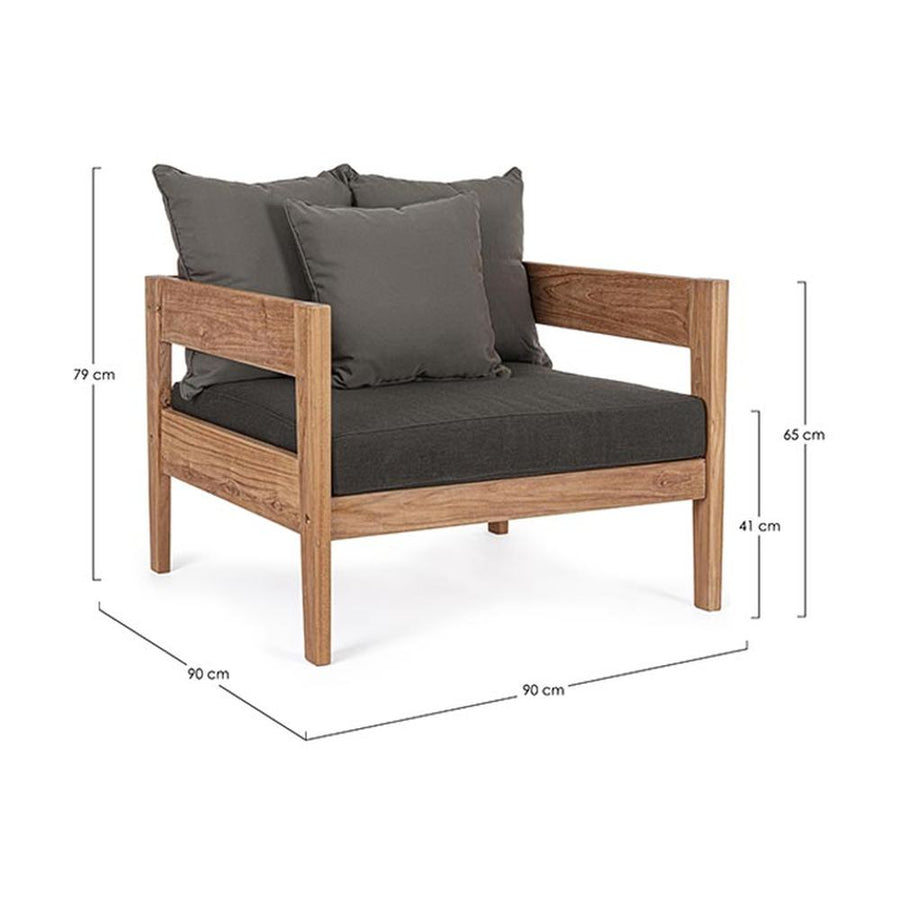 Prémium kategóriás, kortárs keleti stílusú, 90 cm hosszú és 90 cm széles teakfa fotel sötétszürke UV álló párnákkal 