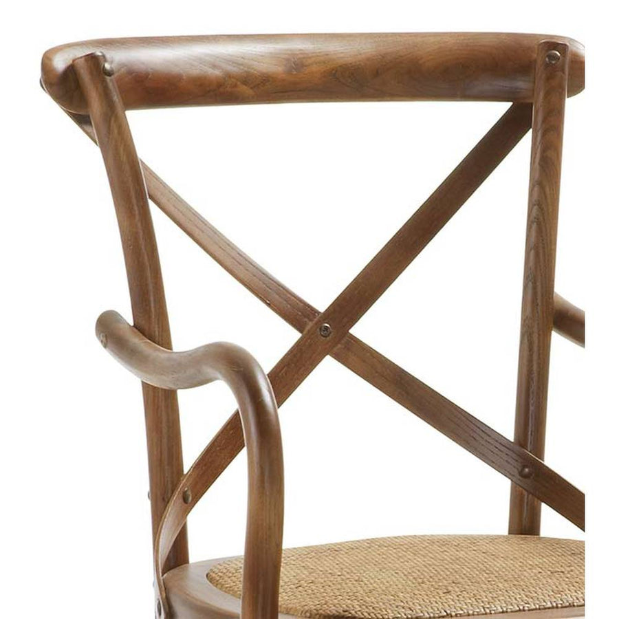 Thonet ihletésű, barna színű, tölgyfából és rattanból készült karosszék.