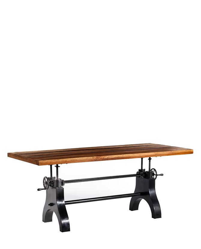 Állítható magasságú, 220 cm hosszú, ipari öntöttvas lábakon álló, újrahasznosított fából készült loft stílusú étkezőasztal 