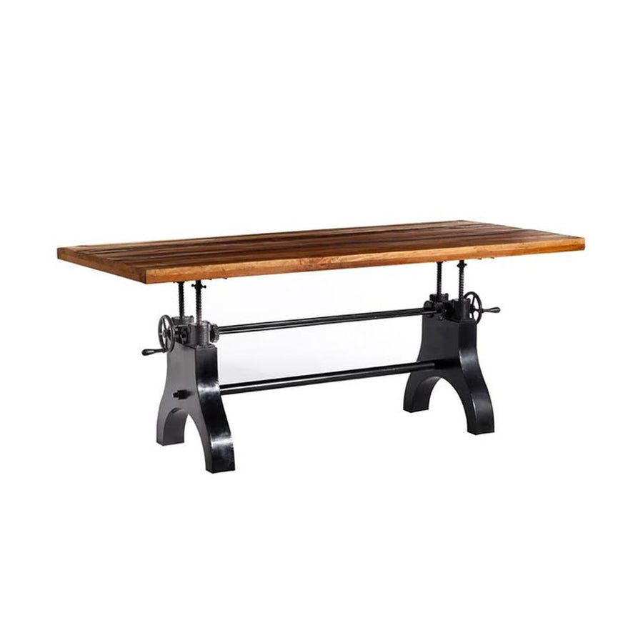 Állítható magasságú, 220 cm hosszú, ipari öntöttvas lábakon álló, újrahasznosított fából készült loft stílusú étkezőasztal 