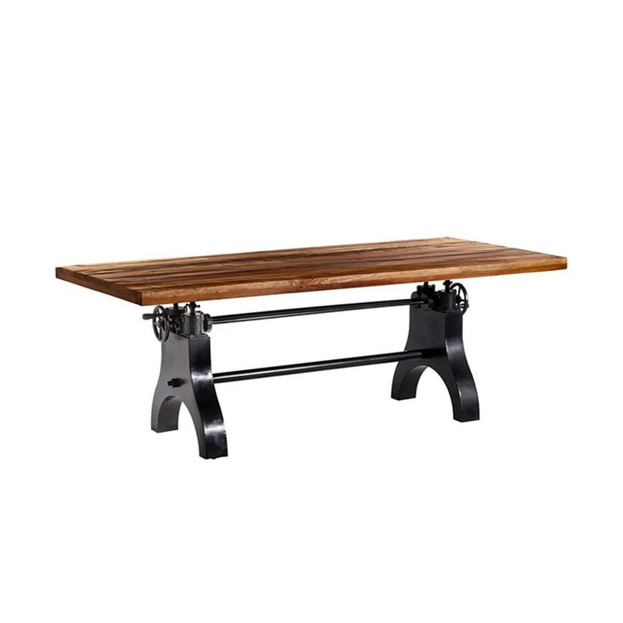 Állítható magasságú, 220 cm hosszú, ipari öntöttvas lábakon álló, újrahasznosított fából készült loft stílusú étkezőasztal 