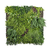 Mű páfrányokból, füvekből és virágokból készült, 100 cm hosszú és 100 cm széles, UV álló mesterséges növényfal panel .