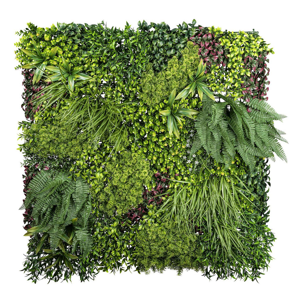 Mű páfrányokból, füvekből és virágokból készült, 100 cm hosszú és 100 cm széles, UV álló mesterséges növényfal panel .