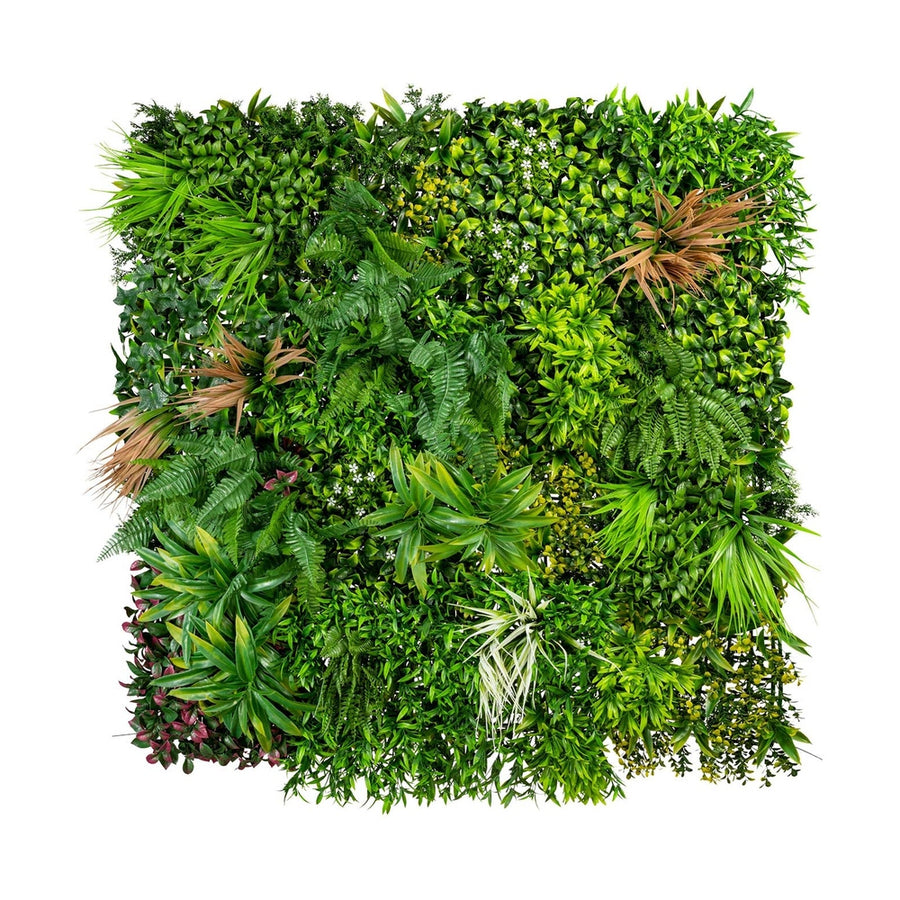 Mű páfrányokból, füvekből és virágokból készült, 100 cm hosszú és 100 cm széles, UV álló mesterséges növényfal panel.