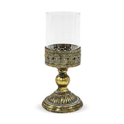 Patinás, óarany színű fém gyertyatartó üvegbúrával