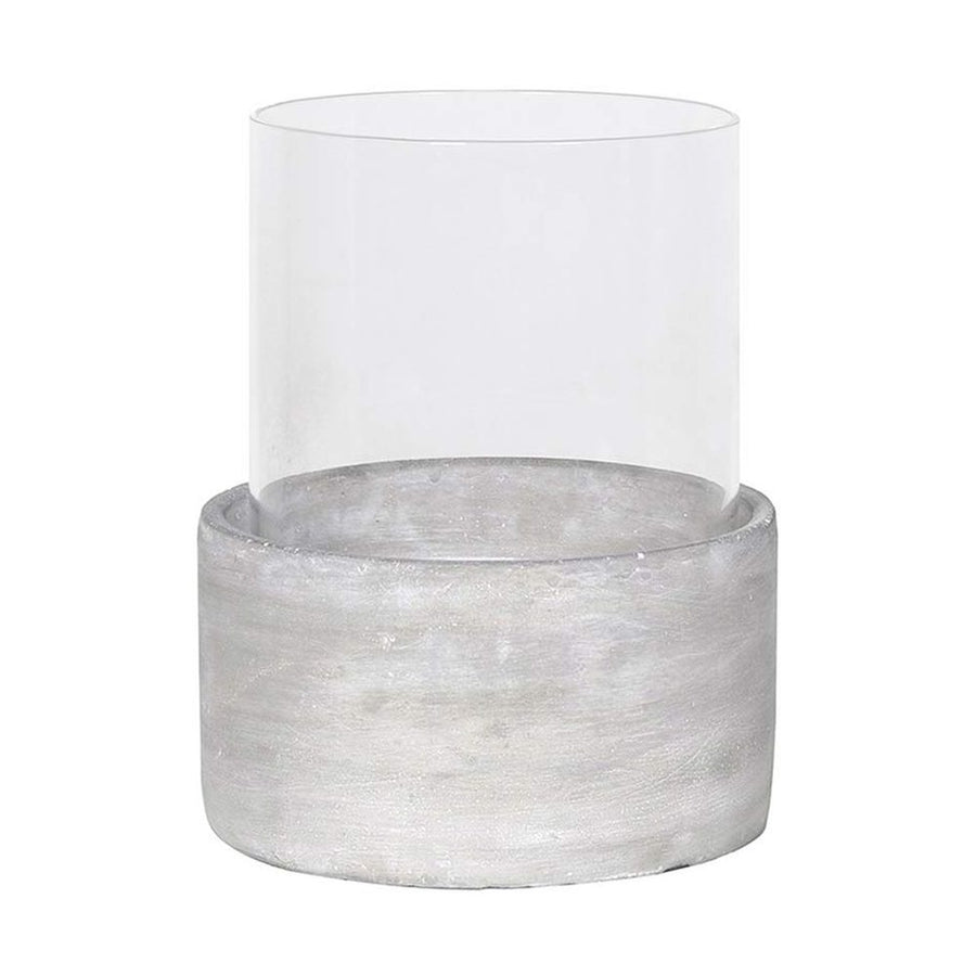 Modern stílusú, letisztult formavilágú, kő hatású,cement gyertyatartó üvegbúrával