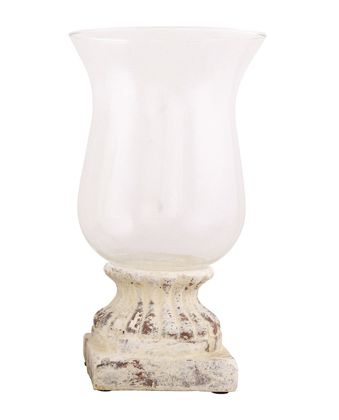 Shabby Chic, vintage stílusú, krém színű, kőhatású antikolt talpazatú üvegkelyhes gyertyatartó