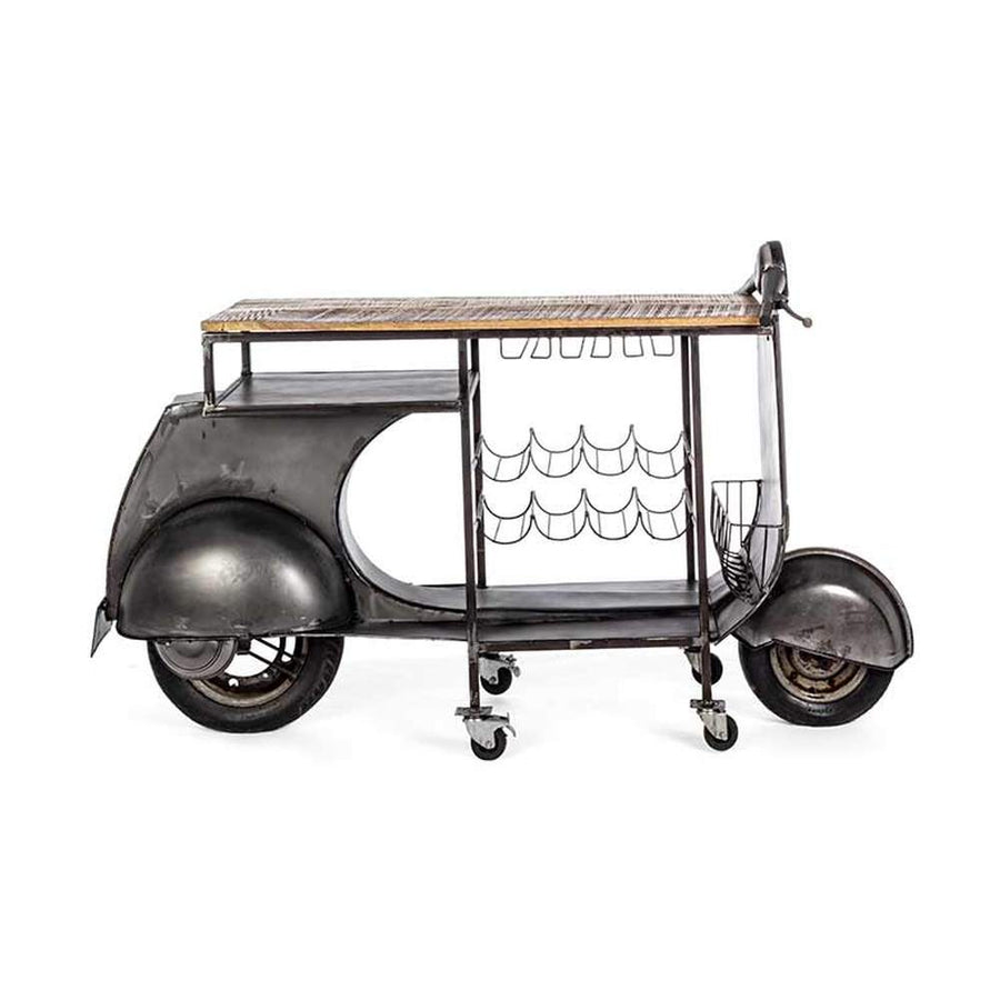 Vespa motor formájú, ezüst színű, fém kézműves bárpult konzol bortartóval, fa pult lappal.