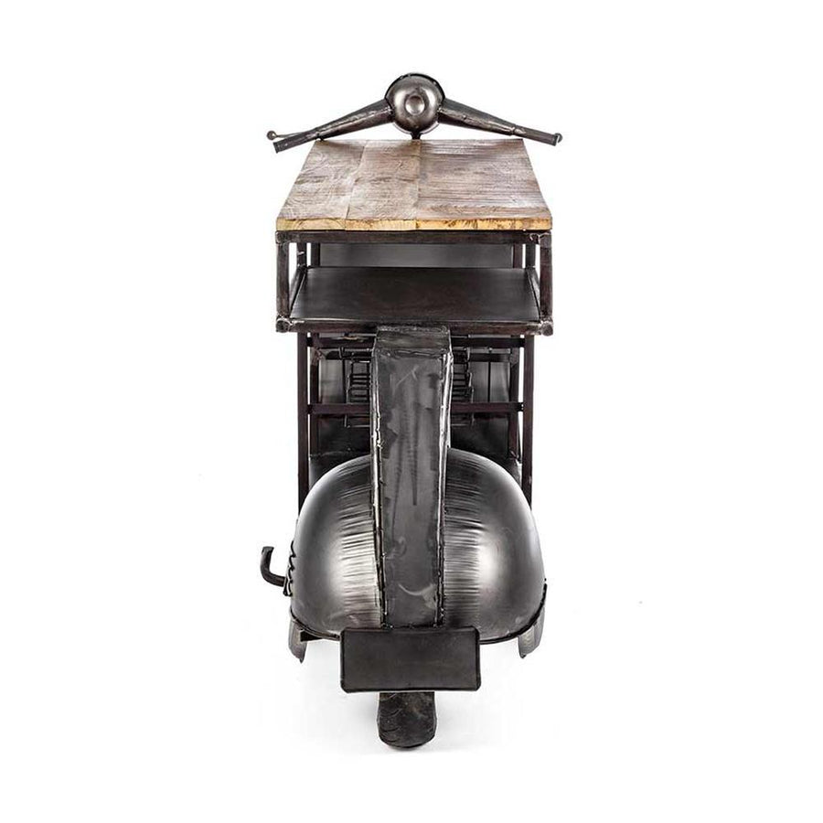 Vespa motor formájú, ezüst színű, fém kézműves bárpult konzol bortartóval, fa pult lappal.