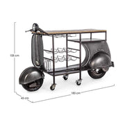 Vespa motor formájú, ezüst színű, fém kézműves bárpult konzol bortartóval, fa pult lappal.