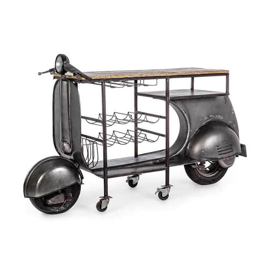 Vespa motor formájú, ezüst színű, fém kézműves bárpult konzol bortartóval, fa pult lappal.