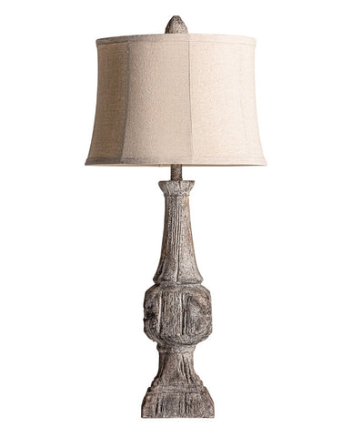 Provanszi stílusú műgyantából készült, fahatású, antikolt szürke színű asztali lámpa jutavászon lápaernyővel.