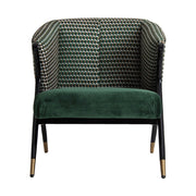 Kortárs stílusú, kaucsukfából készült, formatervezett art deco karosszék, zöld színű bársonnyal kárpitozva.