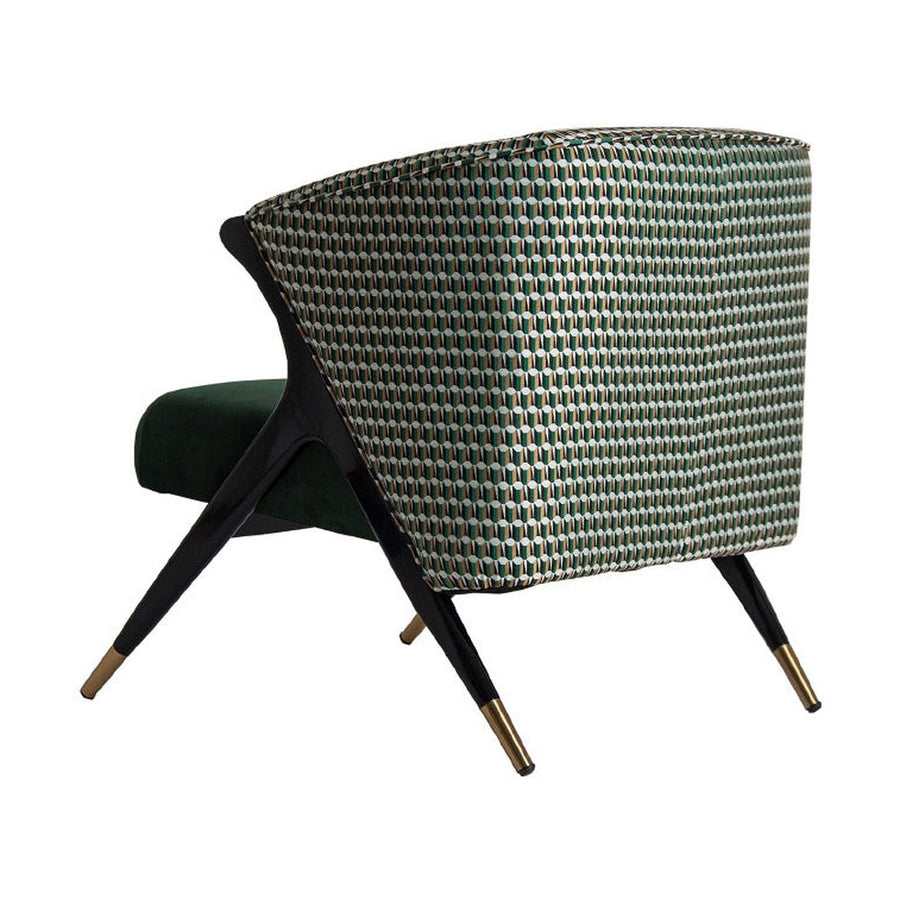 Kortárs stílusú, kaucsukfából készült, formatervezett art deco karosszék, zöld színű bársonnyal kárpitozva.