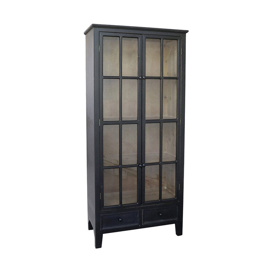 Fenyőfából készült,, rusztikus antikolt felületű, fekete színű, vintage stílusú, 2 fiókos vitrines szekrény.