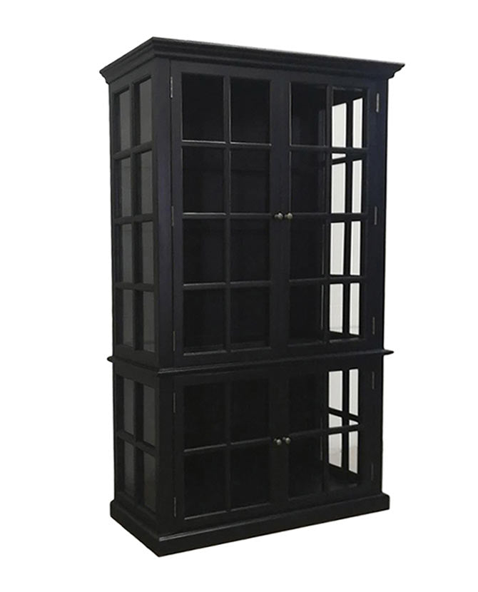 Vintage stílusú, prémium minőségű, nagyméretű, 120 cm hosszú és 196 cm magas, nyárfából készült, antik fekete színű 4 ajtós vitrines szekrény