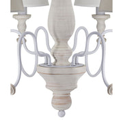 Vintage stílusú, szilfából és fémből készült, pasztell színű, 6 karú, szövet lápaernyős kézműves csillár közeli képe