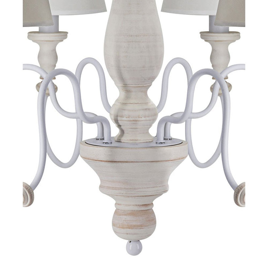 Vintage stílusú, szilfából és fémből készült, pasztell színű, 6 karú, szövet lápaernyős kézműves csillár közeli képe