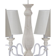 Vintage stílusú, szilfából és fémből készült, pasztell színű, 6 karú, szövet lápaernyős kézműves csillár közeli képe