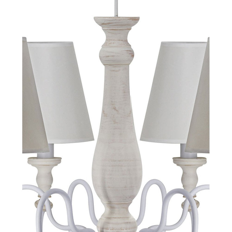 Vintage stílusú, szilfából és fémből készült, pasztell színű, 6 karú, szövet lápaernyős kézműves csillár közeli képe