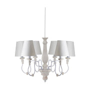 Vintage stílusú, szilfából és fémből készült, pasztell színű, 6 karú, szövet lápaernyős kézműves csillár