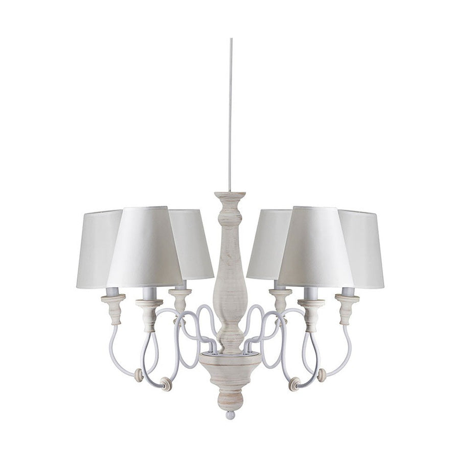 Vintage stílusú, szilfából és fémből készült, pasztell színű, 6 karú, szövet lápaernyős kézműves csillár