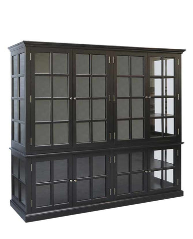 Vintage stílusú, prémium minőségű, óriás méretű, 220 cm hosszú és 196 cm magas, nyárfából készült, antik fekete színű 8 ajtós vitrines szekrény