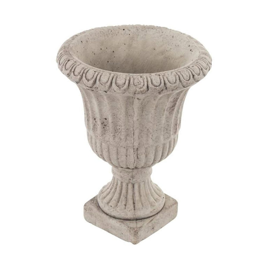 Antikolt felületű, szürke színű talpas cement kaspó.