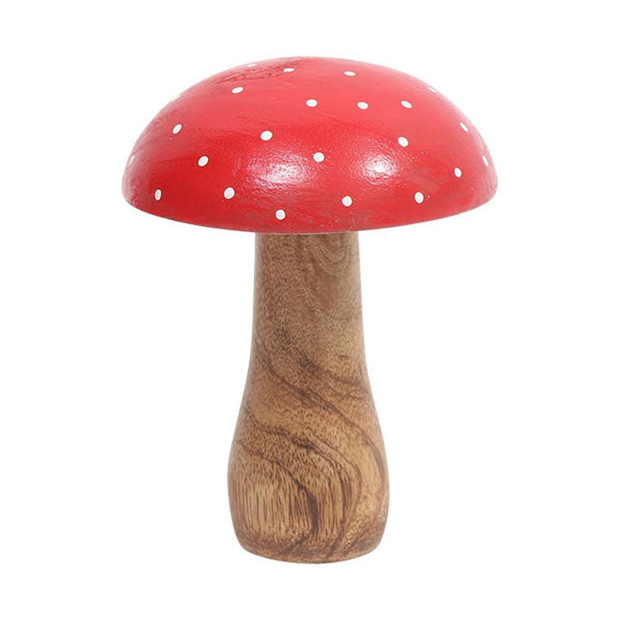 Fából készült, 13 cm magas, vintage stílusú, piros kalapú, fehér pöttyös, dekor galóca gomba.