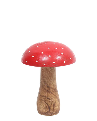 Fából készült, 13 cm magas, vintage stílusú, piros kalapú, fehér pöttyös, dekor galóca gomba.