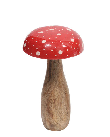 Fából készült, 20 cm magas, vintage stílusú, piros kalapú, fehér pöttyös, dekor galóca gomba.