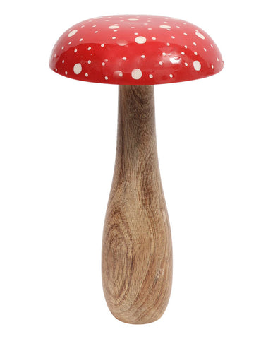 Fából készült, 25 cm magas, vintage stílusú, piros kalapú, fehér pöttyös, dekor galóca gomba.