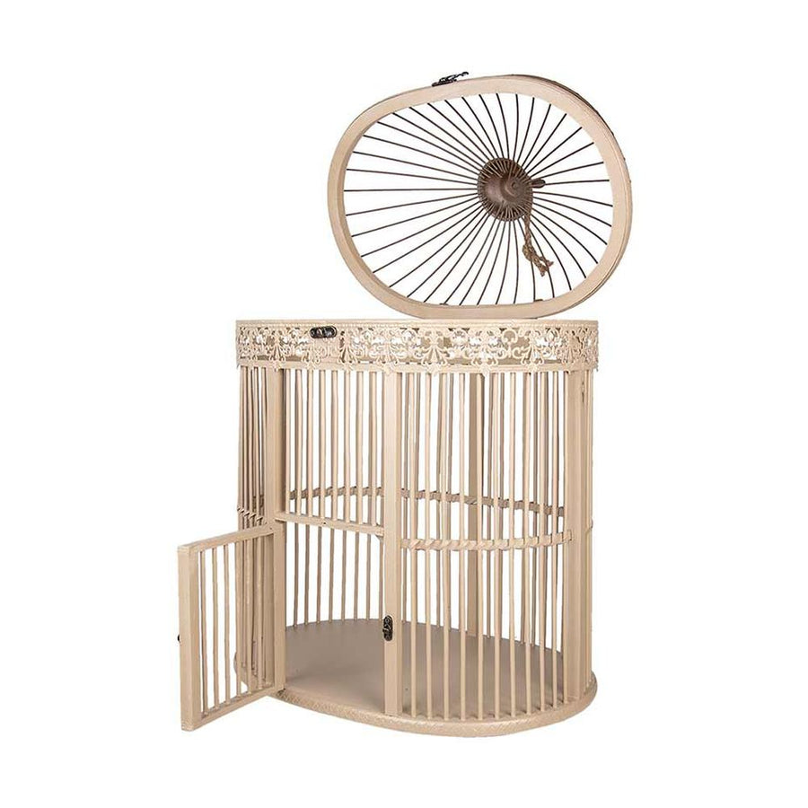 Fából és fémből készült, ovális formájú, krém színű,, vintage stílusú madárkalitka.