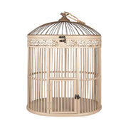 Fából és fémből készült, ovális formájú, krém színű,, vintage stílusú madárkalitka.